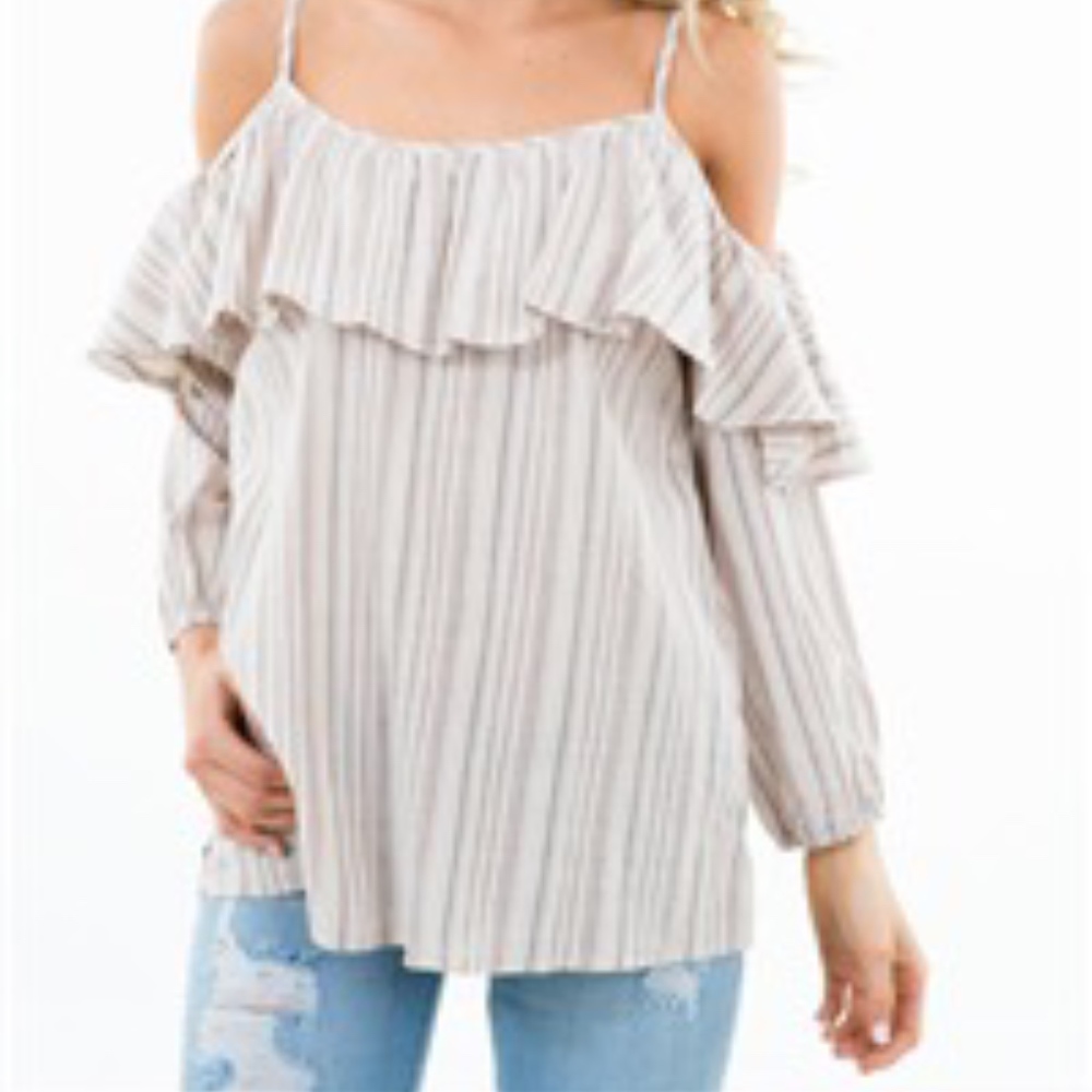 taupe stripe cold shoulder top